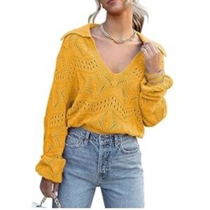 V Neck Lapel Collar Knitted Pullover Sweater - XL